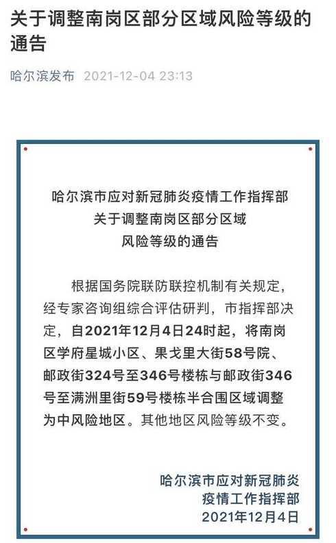 2021黑龙江现有风险等级划分最新消息